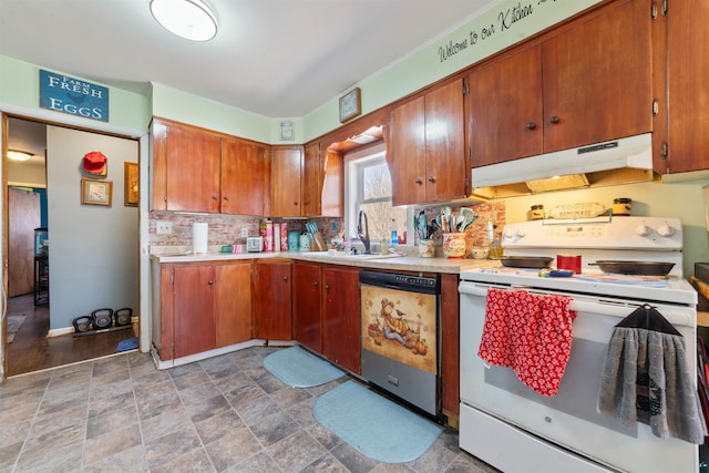 5463 Maple Hill Rd, Proctor, MN 55810 - kitchen featuring white electric range, dishwasher, a sink, under cabinet range hood, and light countertops