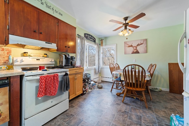 5463 Maple Hill Rd, Proctor, MN 55810 - kitchen featuring white appliances, under cabinet range hood, ceiling fan, stone finish floors, and baseboards