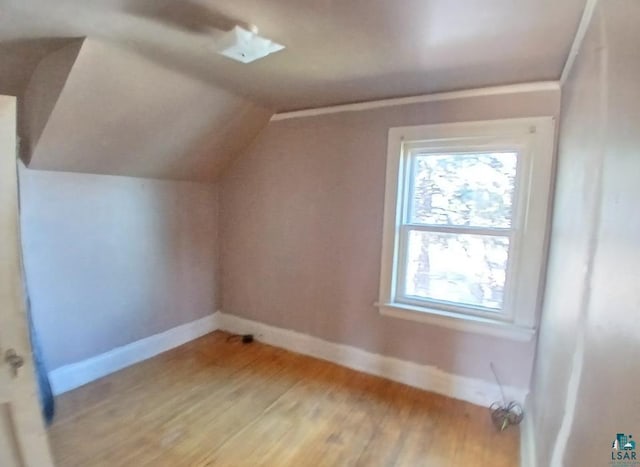 additional living space with baseboards, light wood finished floors, and lofted ceiling