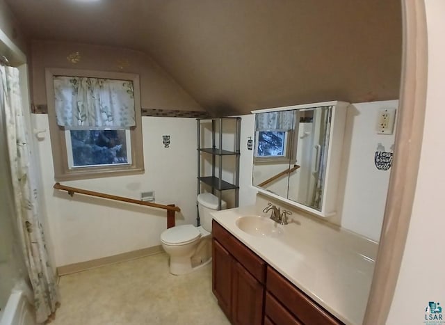 bathroom featuring lofted ceiling, toilet, vanity, and a shower with curtain