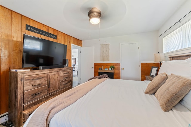 1741 Olsonville Crk, Carlton, MN 55718 - bedroom featuring wood walls, a baseboard heating unit, and a ceiling fan