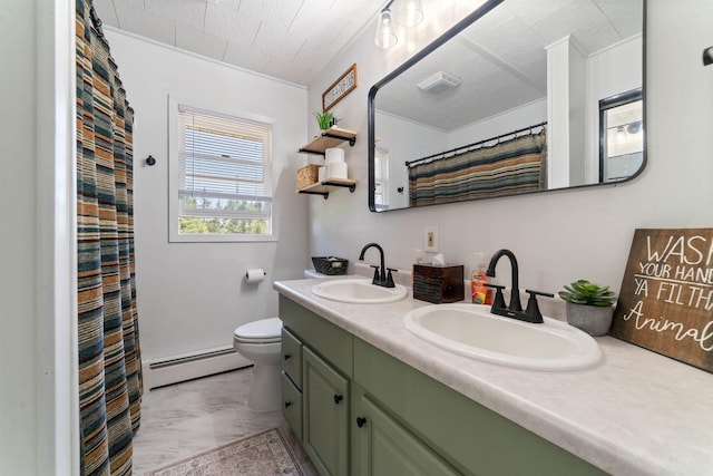 1741 Olsonville Crk, Carlton, MN 55718 - bathroom featuring a baseboard radiator, marble look tile flooring, toilet, double vanity, and curtained shower