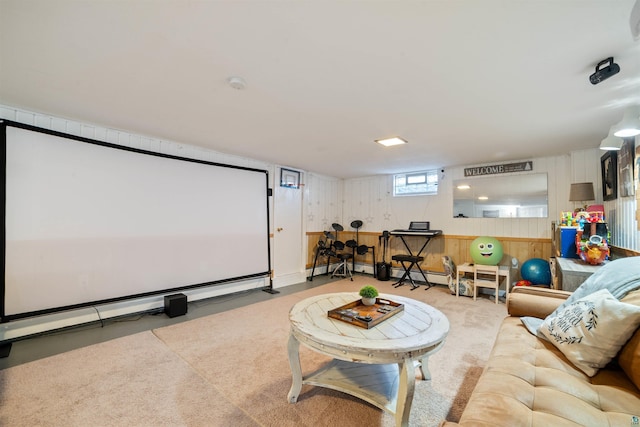 1741 Olsonville Crk, Carlton, MN 55718 - carpeted cinema with wood walls and a baseboard radiator