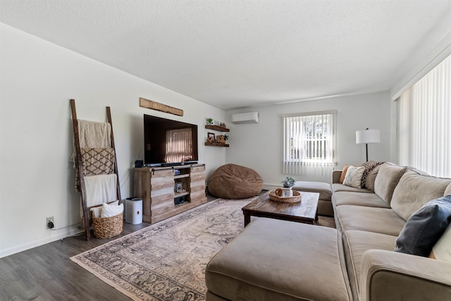 1741 Olsonville Crk, Carlton, MN 55718 - living room with a wall mounted air conditioner, dark wood-type flooring, a textured ceiling, and baseboards