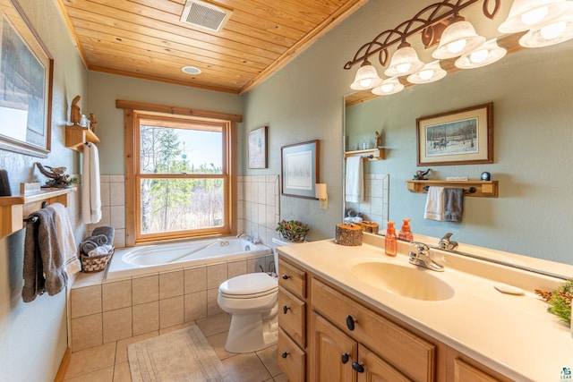 118 Sunset Rd, Ely, MN 55731 - full bathroom featuring wooden ceiling, tile patterned floors, ornamental molding, a garden tub, and toilet