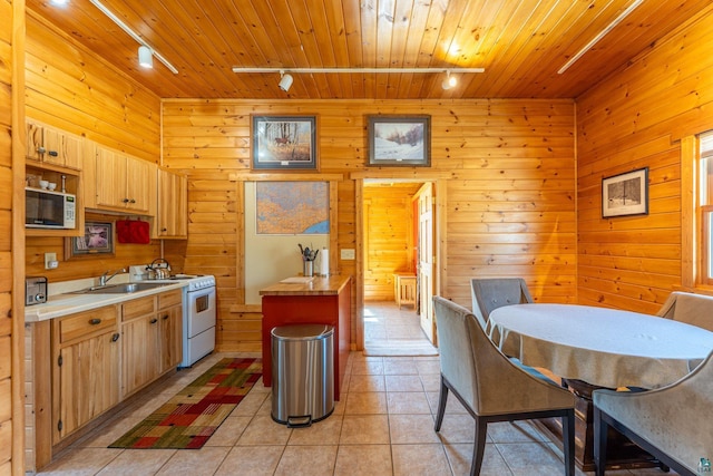 118 Sunset Rd, Ely, MN 55731 - kitchen featuring track lighting, white appliances, wooden ceiling, a sink, and light tile patterned floors