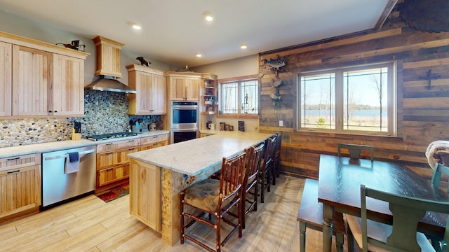 7498 Bayside Dr, Crane Lake, MN 55725 - kitchen featuring stainless steel appliances, decorative backsplash, open shelves, light wood-style floors, and light brown cabinetry