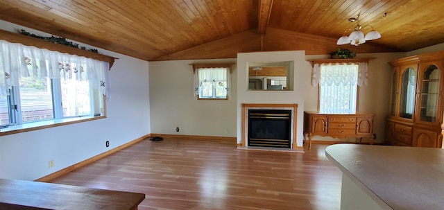 5729 Puncher Point Rd, Tower, MN 55790 - unfurnished living room featuring wood finished floors, healthy amount of natural light, a fireplace, wooden ceiling, and a chandelier