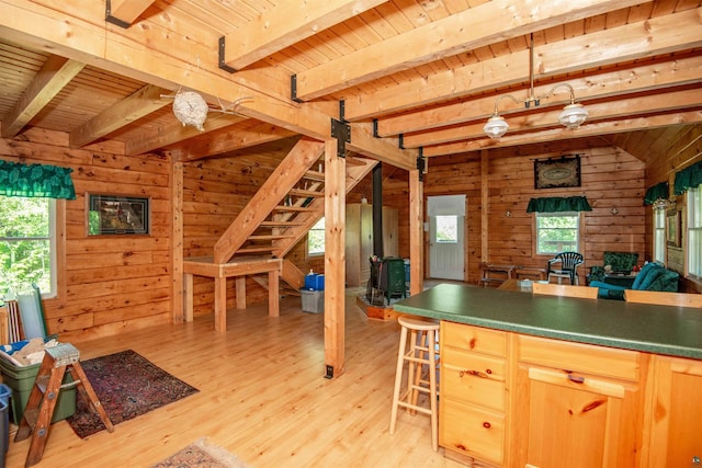 1808 Tom Lake Rd, Hovland, MN 55606 - kitchen featuring wood ceiling, beam ceiling, wood walls, light wood finished floors, and open floor plan