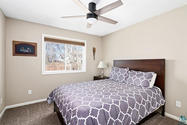 bedroom featuring carpet floors, baseboards, and ceiling fan
