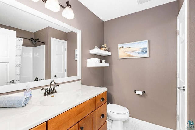full bath with marble finish flooring, toilet, a shower with shower curtain, vanity, and baseboards