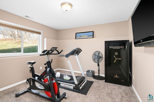 workout area with carpet, baseboards, and a textured ceiling