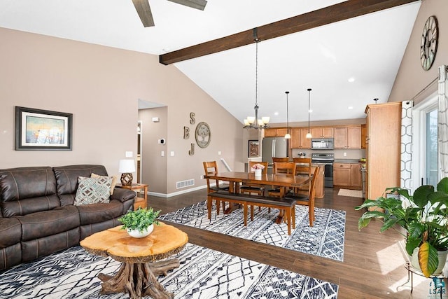 living room featuring dark wood-style flooring, baseboards, a chandelier, and a ceiling fan