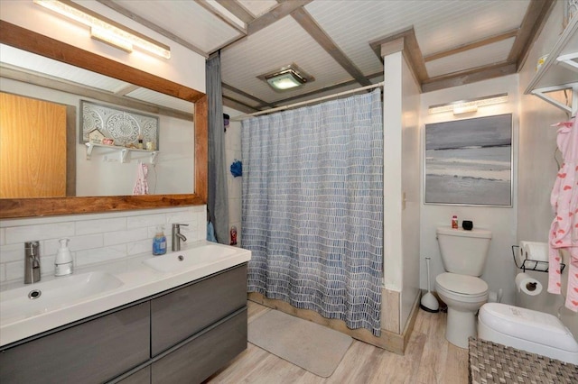 121 11th St, Cloquet, MN 55720 - full bath with wood finished floors, toilet, a shower with shower curtain, double vanity, and tasteful backsplash