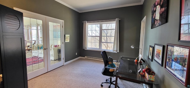 908 E Skyline Pkwy, Duluth, MN 55805 - office area featuring french doors, a baseboard heating unit, carpet, crown molding, and baseboards