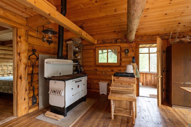 489 Brule Valley Trl, Hovland, MN 55606 - misc room featuring wood-type flooring, beamed ceiling, wooden ceiling, a wood stove, and log walls