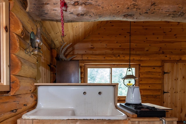 489 Brule Valley Trl, Hovland, MN 55606 - misc room featuring log walls, wooden ceiling, and vaulted ceiling