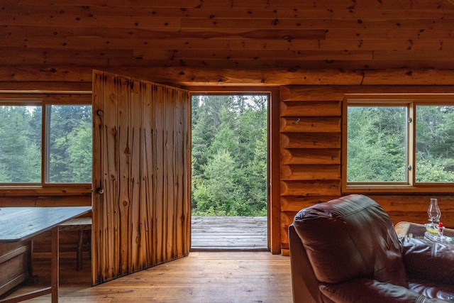 489 Brule Valley Trl, Hovland, MN 55606 - doorway to outside with hardwood / wood-style flooring and rustic walls