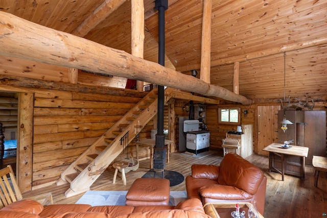 489 Brule Valley Trl, Hovland, MN 55606 - unfurnished living room with wooden ceiling, a wood stove, wood-type flooring, and log walls