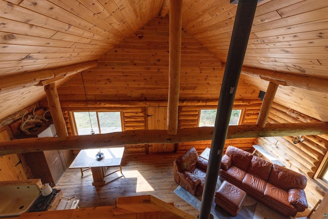 489 Brule Valley Trl, Hovland, MN 55606 - additional living space with log walls, wooden ceiling, hardwood / wood-style floors, and lofted ceiling