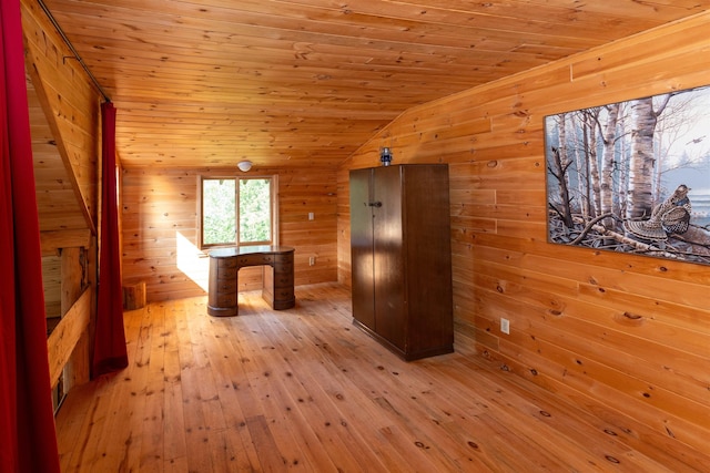 489 Brule Valley Trl, Hovland, MN 55606 - kitchen with wooden walls, lofted ceiling, wooden ceiling, and light wood-style floors