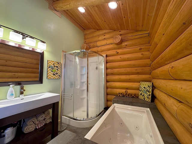 3165 Randa Rd, Cook, MN 55771 - bathroom featuring a stall shower, a jetted tub, wooden ceiling, log walls, and vanity