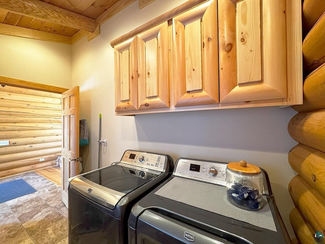 3165 Randa Rd, Cook, MN 55771 - laundry area with separate washer and dryer, wood ceiling, log walls, and cabinet space