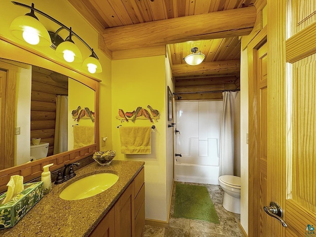 3165 Randa Rd, Cook, MN 55771 - full bathroom featuring toilet, wood ceiling, rustic walls, stone finish flooring, and vanity