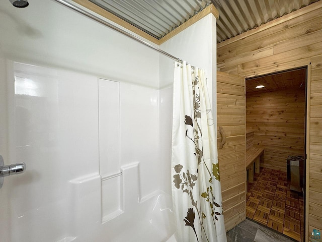 3165 Randa Rd, Cook, MN 55771 - bathroom with wooden walls and a shower with curtain