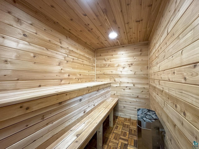 3165 Randa Rd, Cook, MN 55771 - sauna featuring wooden walls, wooden ceiling, and recessed lighting