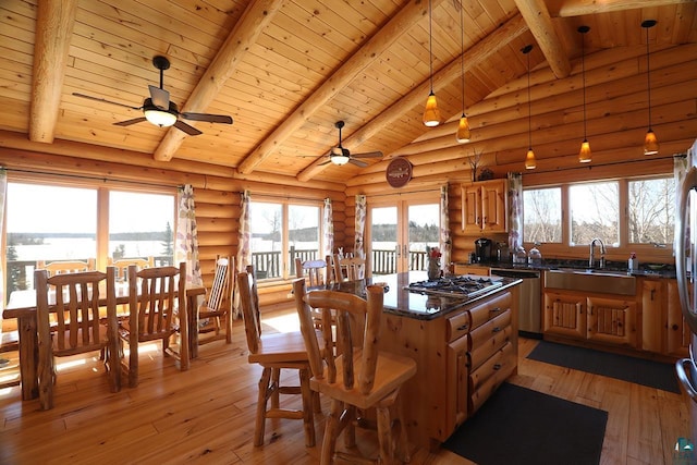 3165 Randa Rd, Cook, MN 55771 - kitchen featuring a sink, stainless steel appliances, wooden ceiling, log walls, and ceiling fan