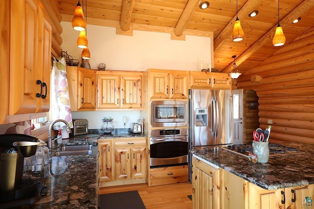 3165 Randa Rd, Cook, MN 55771 - kitchen featuring appliances with stainless steel finishes, a sink, log walls, light wood-style flooring, and wood ceiling