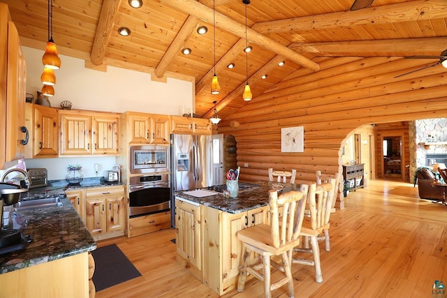3165 Randa Rd, Cook, MN 55771 - kitchen featuring stainless steel appliances, light brown cabinets, light wood finished floors, wooden ceiling, and a center island