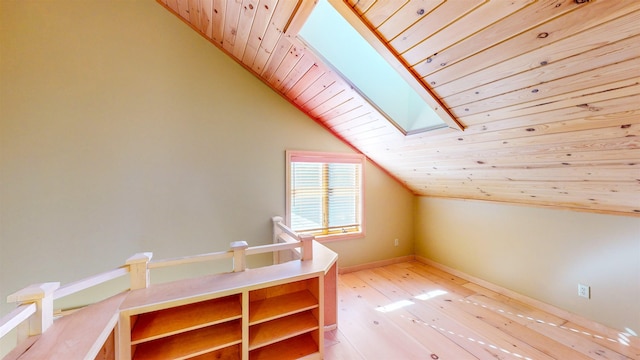 879 Clearwater Rd, Grand Marais, MN 55604 - additional living space featuring wooden ceiling, vaulted ceiling, light wood finished floors, baseboards, and a skylight