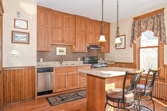 kitchen with appliances with stainless steel finishes, a sink, under cabinet range hood, a wainscoted wall, and wood finished floors