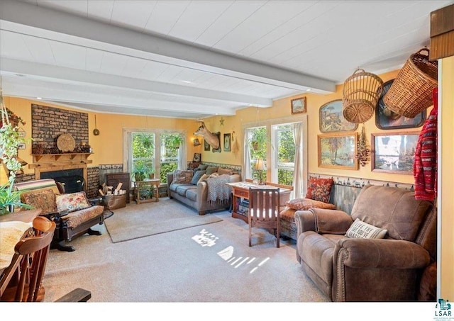 7262 Palo Tia Rd, Embarrass, MN 55732 - carpeted living area with beam ceiling and a brick fireplace