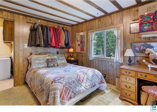 7262 Palo Tia Rd, Embarrass, MN 55732 - bedroom featuring wooden walls, light colored carpet, and washer / clothes dryer