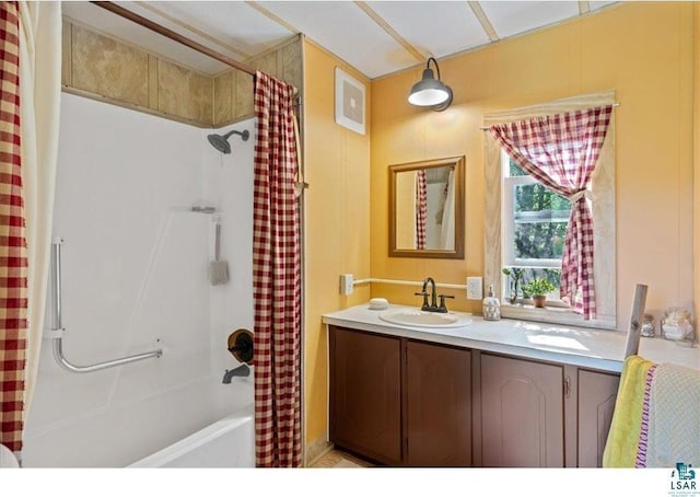 7262 Palo Tia Rd, Embarrass, MN 55732 - bathroom with vanity and shower / bathtub combination with curtain