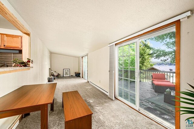 carpeted living area featuring a textured ceiling
