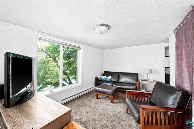 living room featuring a baseboard radiator, a textured ceiling, and carpet flooring