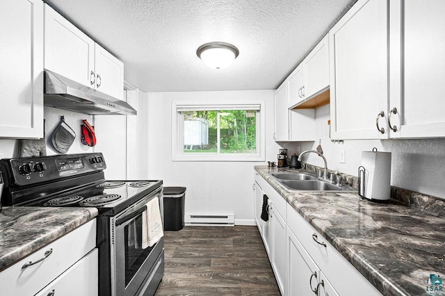 kitchen featuring stainless steel range with electric stovetop, under cabinet range hood, a sink, dark wood-type flooring, and a baseboard radiator