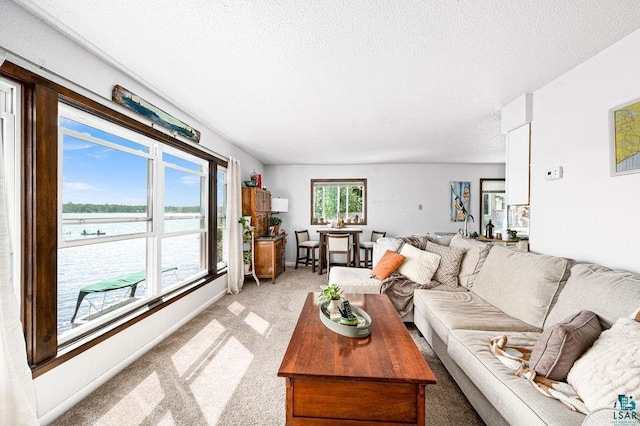 living room featuring a water view, a textured ceiling, and light colored carpet