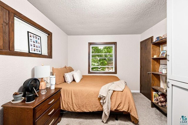 bedroom featuring carpet flooring and a textured ceiling