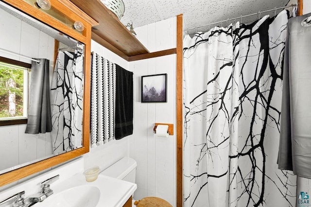 bathroom featuring vanity, a shower with curtain, and toilet
