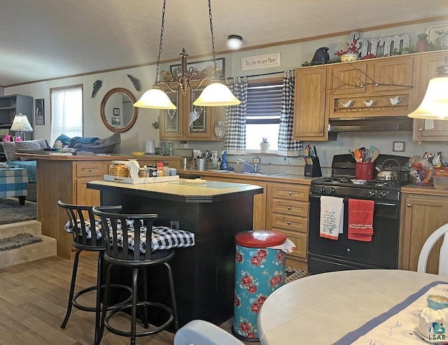 kitchen featuring black range with gas stovetop, plenty of natural light, a kitchen island, wood finished floors, and ornamental molding