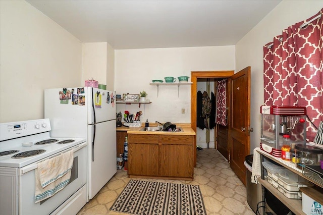 304 Carlton Ave, Cloquet, MN 55720 - kitchen featuring white electric range oven, a sink, open shelves, light countertops, and brown cabinetry