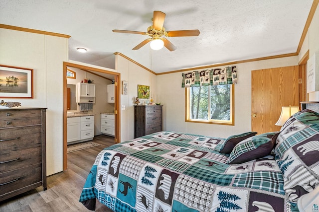 10412 Lakeside Dr, Finlayson, MN 55735 - bedroom featuring wood finished floors, lofted ceiling, a textured ceiling, ornamental molding, and ensuite bath
