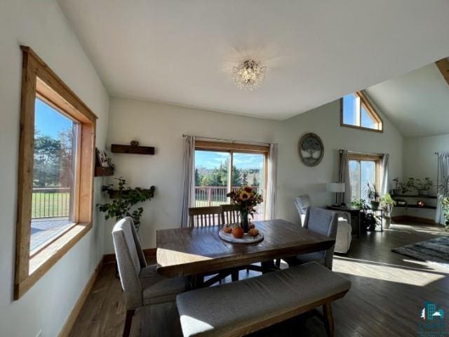 7789 Jokela Rd, Cloquet, MN 55720 - dining area with healthy amount of natural light, wood finished floors, a chandelier, baseboards, and lofted ceiling