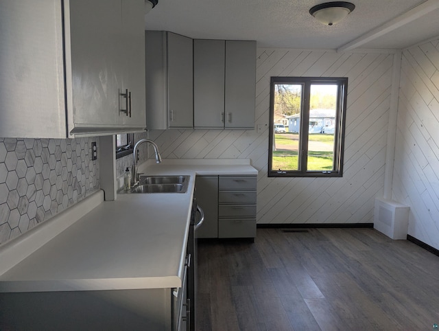 81 Edison Blvd, Silver Bay, MN 55614 - kitchen with a sink, gray cabinets, tasteful backsplash, dark wood-style floors, and light countertops