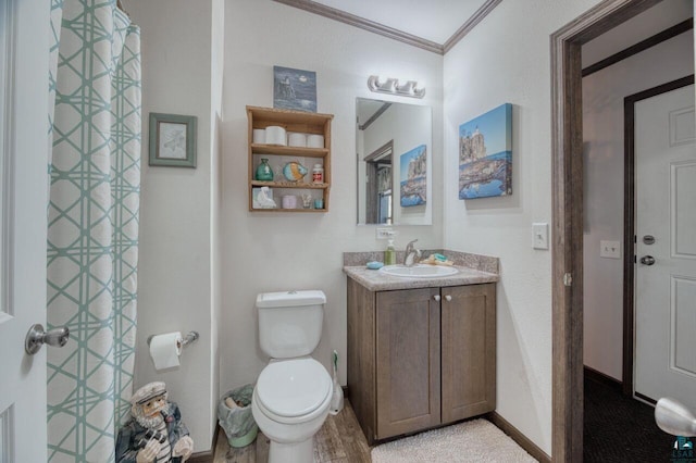10173 Little Marais Trl, Silver Bay, MN 55614 - bathroom with crown molding, toilet, vanity, baseboards, and wood finished floors